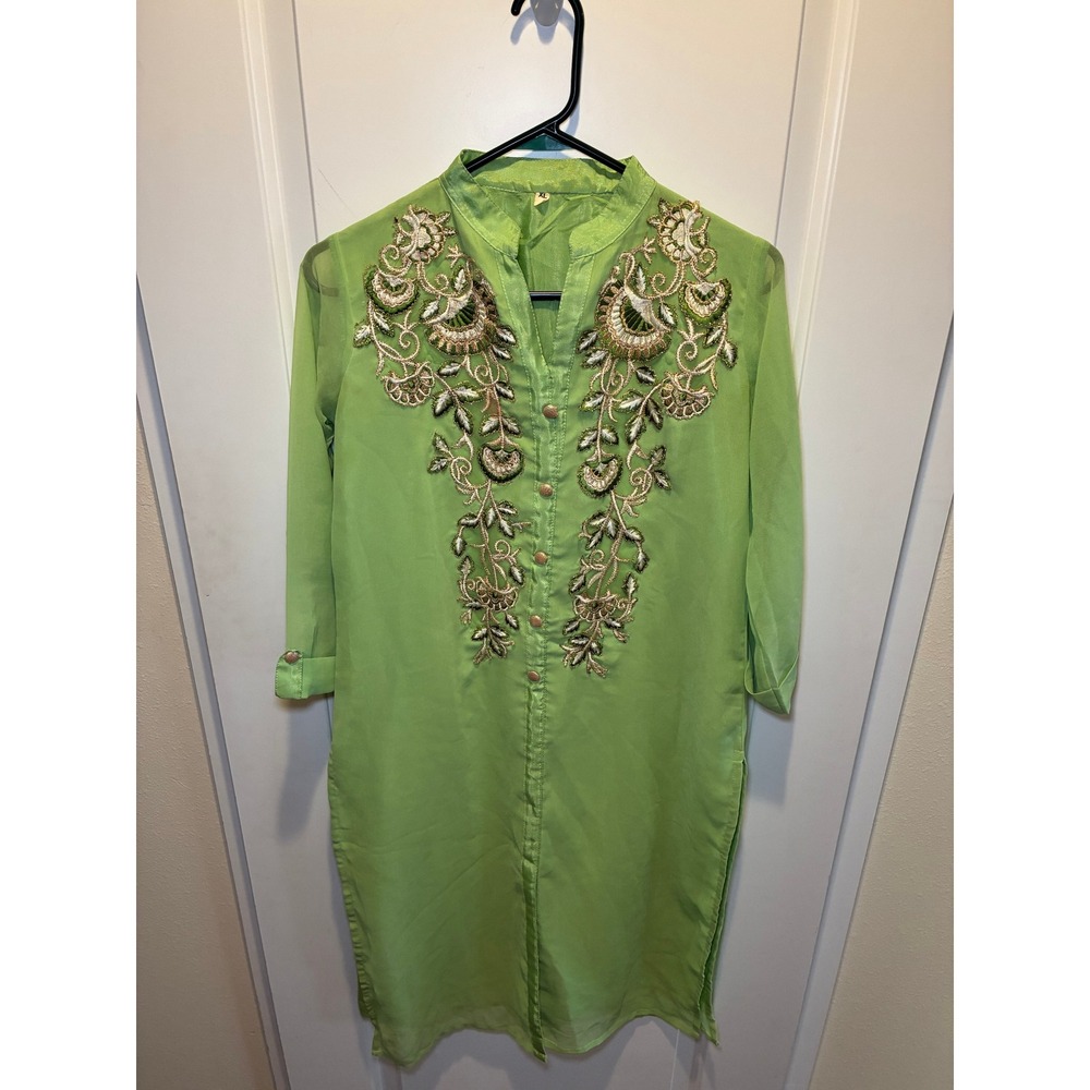 Long,‎ light green emrboidered kurta top mandarin collar, front button closure.